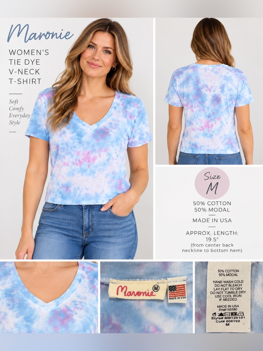 Anthropologie Maronie Womens Tie Dye‎ T Shirt Blue/Pink V Neck Comfy Top Size M